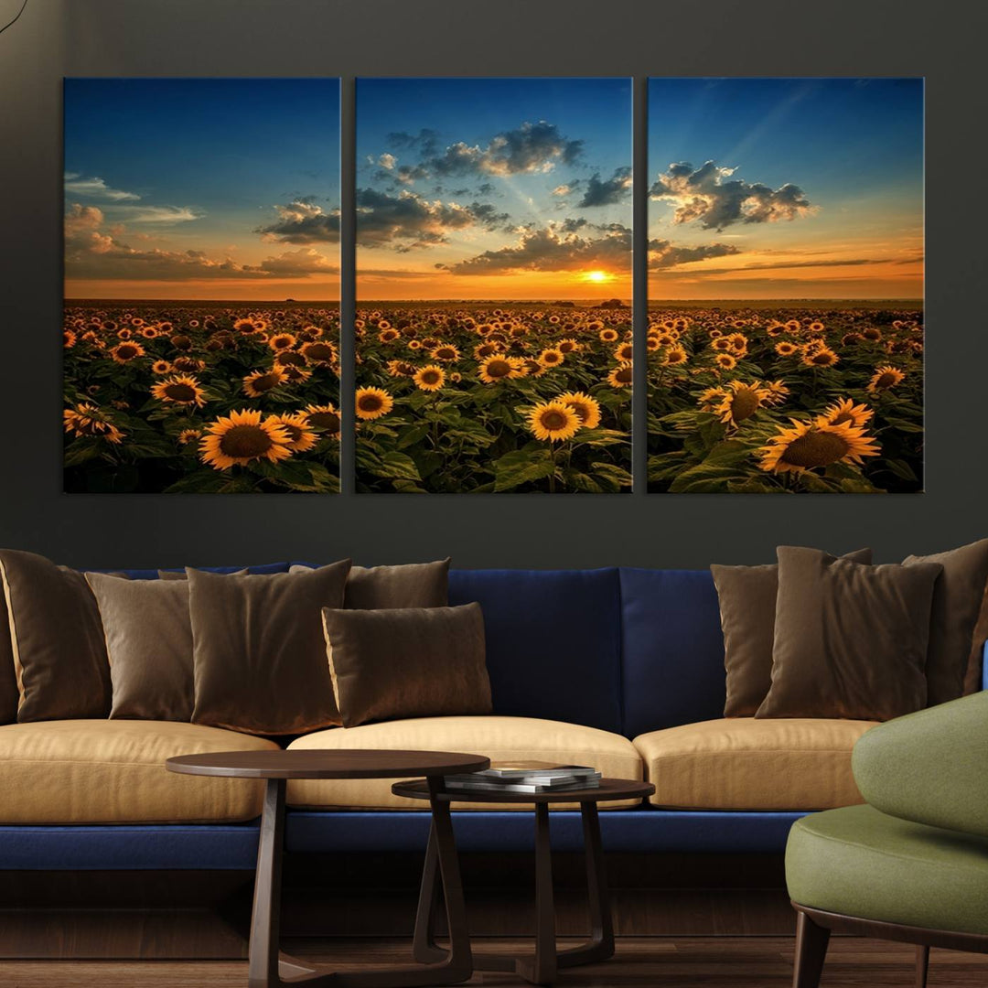 The dining area features the Sunflower Field Sunset Wall Art Canvas Print.