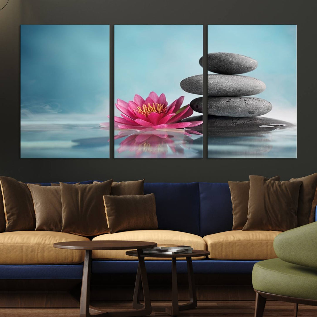 The dining room features a Zen Serenity Triptych wall art, showcasing a calming depiction of lotus flowers and balancing stones.