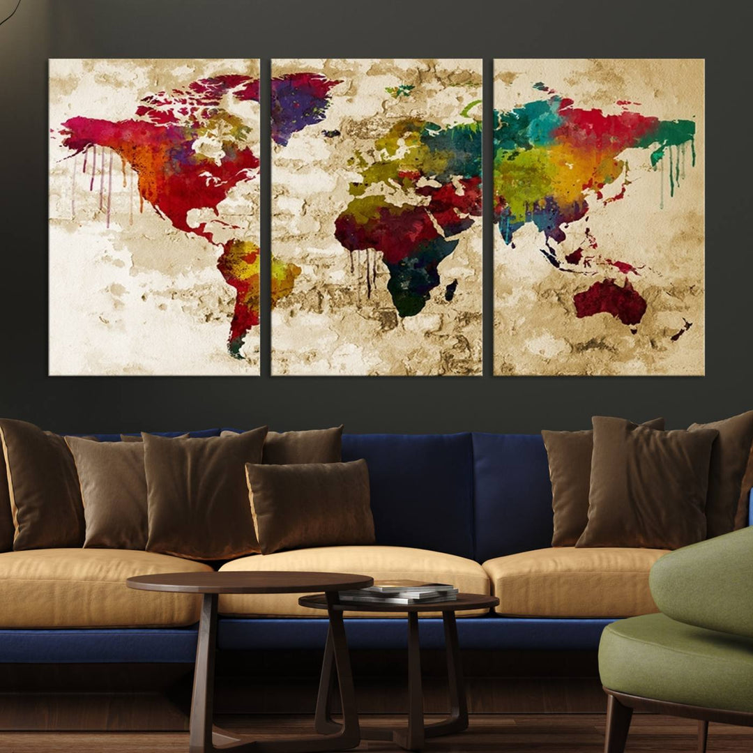 Wall Art World Map Canvas Print Rainbow Colored Vintage Style World Map