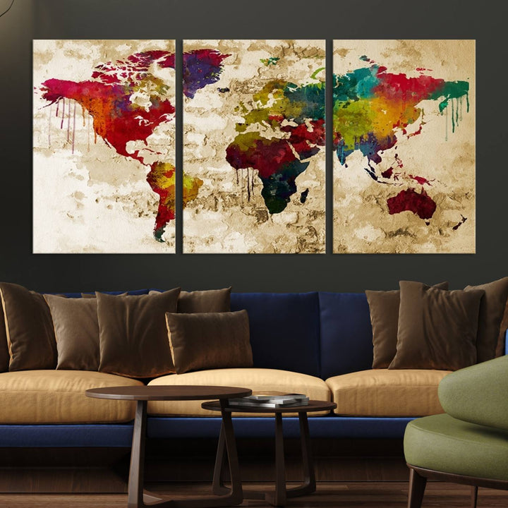 Wall Art World Map Canvas Print Rainbow Colored Vintage Style World Map