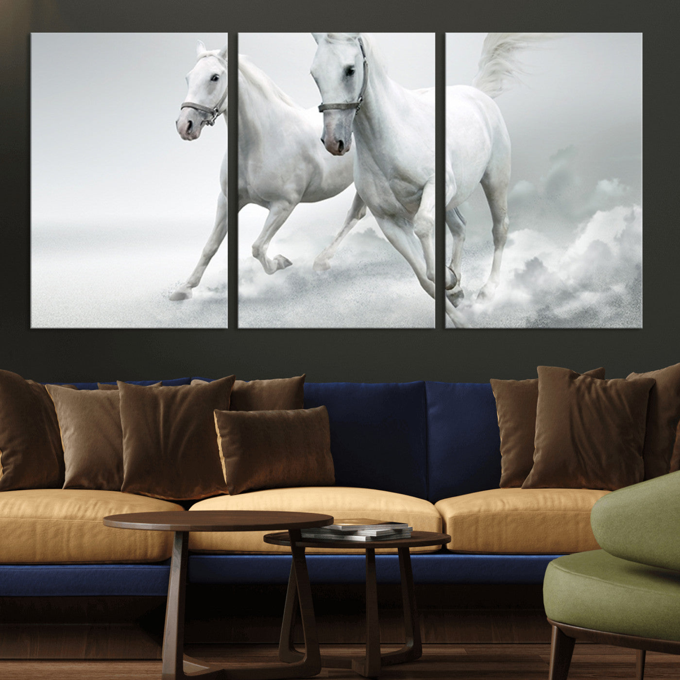 MGV-CV-60X30-3P - Large Wall Art Animal Canvas Print - Beautiful Running White Horses