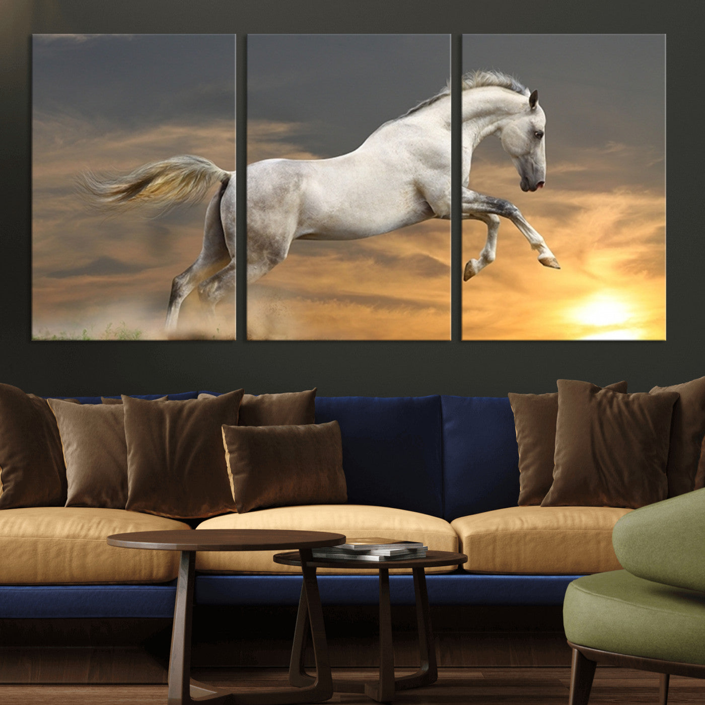 MGV-CV-60X30-3P - Large Wall Art Animal Canvas Print - White Jumping Horse at Sunset