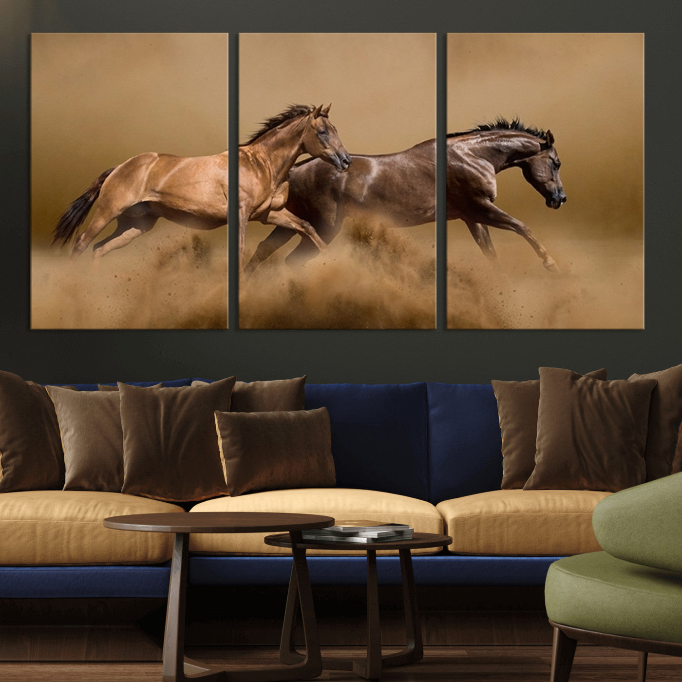 MGV-CV-60X30-3P - Large Wall Art Animal Canvas Print - Two Running Brown Horses