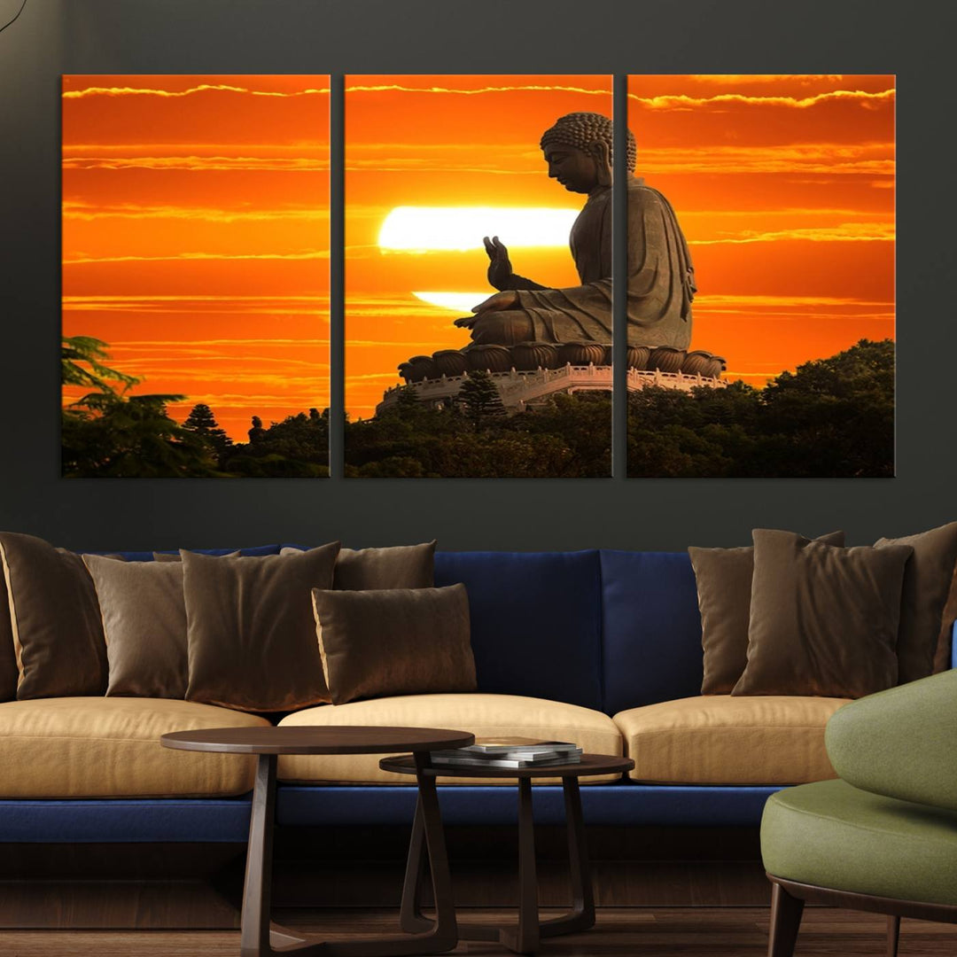 The Buddha Statue at Sunset canvas print adds serenity to the space.