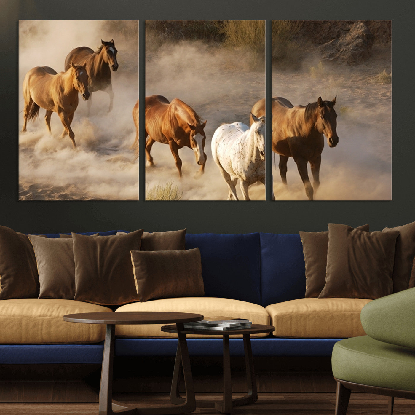 MGV-CV-60X30-3P - Large Wall Art 5 Horses Running on Sand Canvas Print