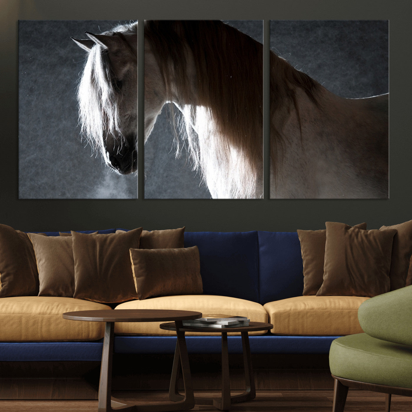 MGV-CV-60X30-3P - Large Wall Art Cream Colored Horse on Grey Background Canvas Print