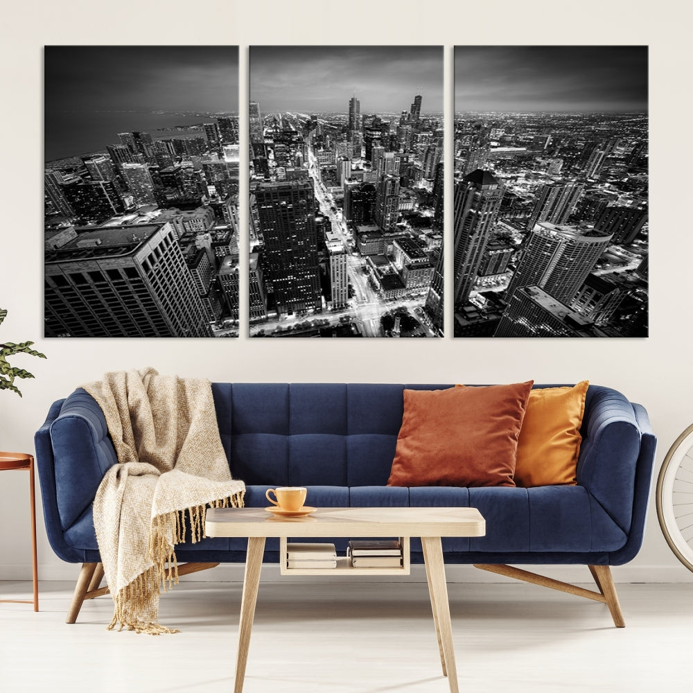 A Chicago Wall Art Canvas Print, specifically the Chicago City Night Canvas Print, is displayed in handcrafted frames.