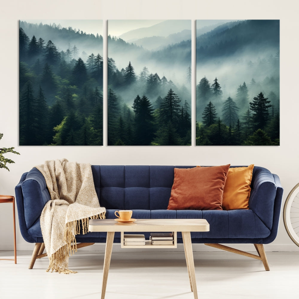 The Captivating Misty Forest Wall Art Premium Canvas Print offers a foggy and serene ambiance, enhancing the modern living room's atmosphere.