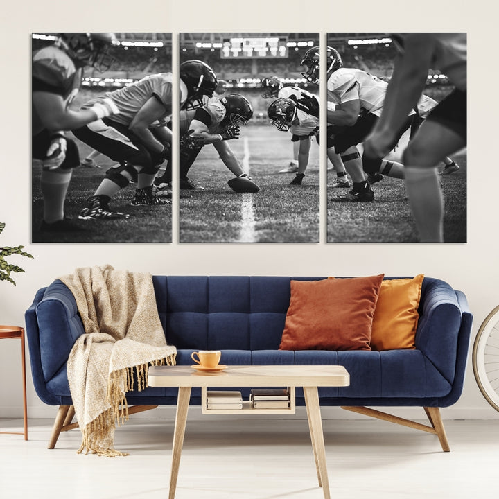 The "American Football Match Wall Art Canvas Print," featuring a black and white photo of a football game, is displayed as a triptych. This artwork is printed on museum-quality canvases and protected with a UV-coating.