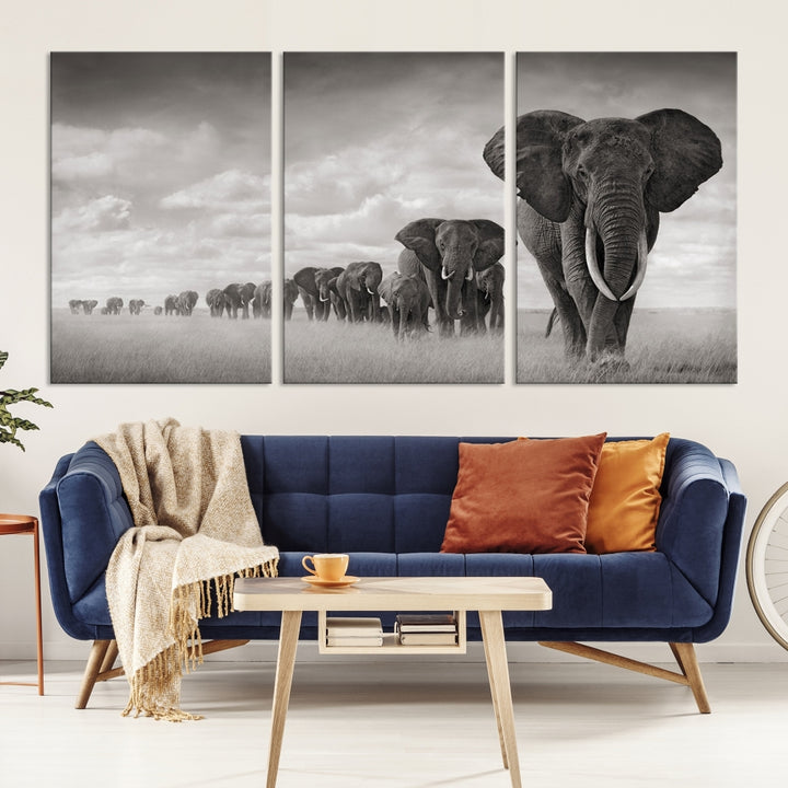 The Elephant Wall Art Canvas Print features a triptych of elephants in a savanna, elegantly displayed.