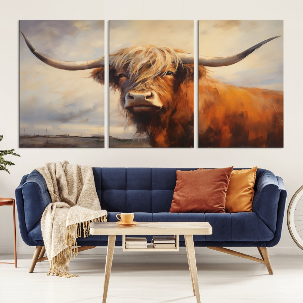 Triptych canvas wall art featuring a majestic abstract Highland longhorn cow with long horns and a flowing coat, set against a serene, natural backdrop.