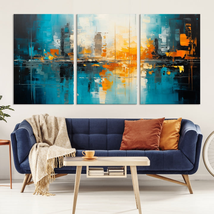 The Large Modern Abstract Wall Art Canvas Print, gallery wrapped on museum-quality canvas, enhances the modern living room setting.