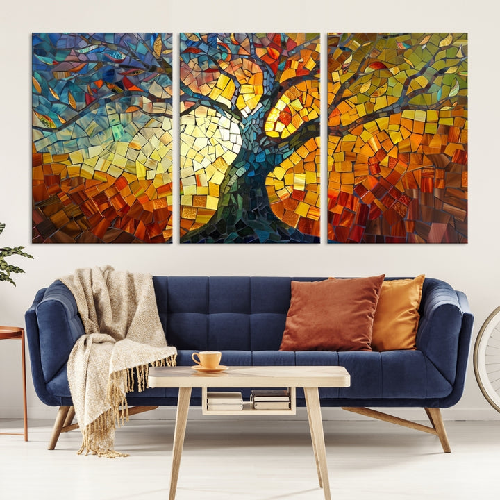 The dining area features the Mosaic Tree Canvas Wall Art, showcasing a vibrant stained glass-inspired Tree of Life called Yggdrasil with colorful leaves.