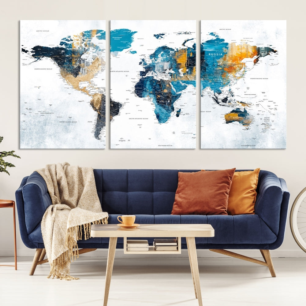 The World Map Turquoise Orange Wall Art Canvas Print, a triptych crafted on museum-quality canvases, adds aesthetic appeal and durability to the space.