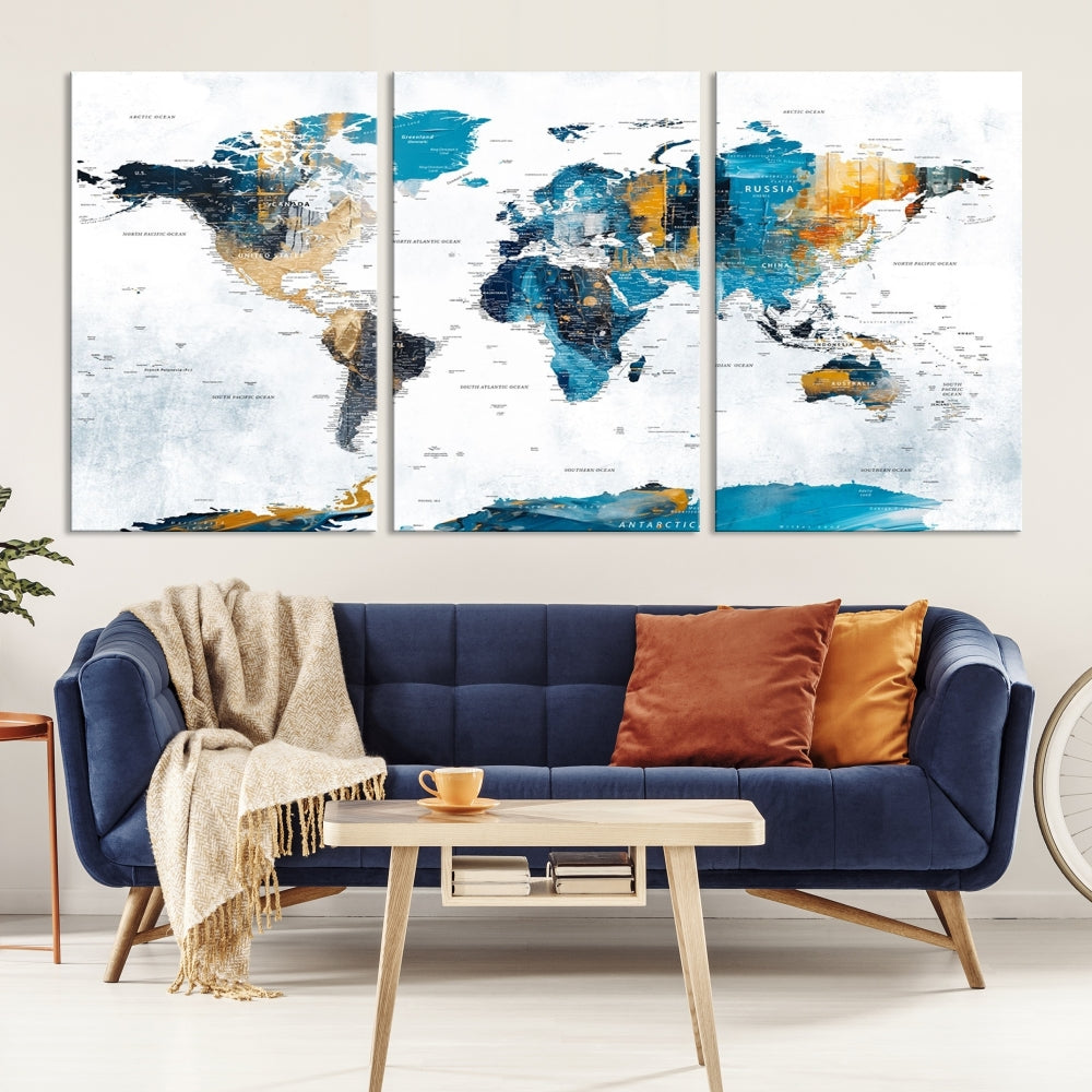 The "Turquoise Orange World Map Canvas Wall Art" showcases striking blue and orange tones. This museum-quality canvas features a UV-protective coating for enhanced durability and vibrant color retention.