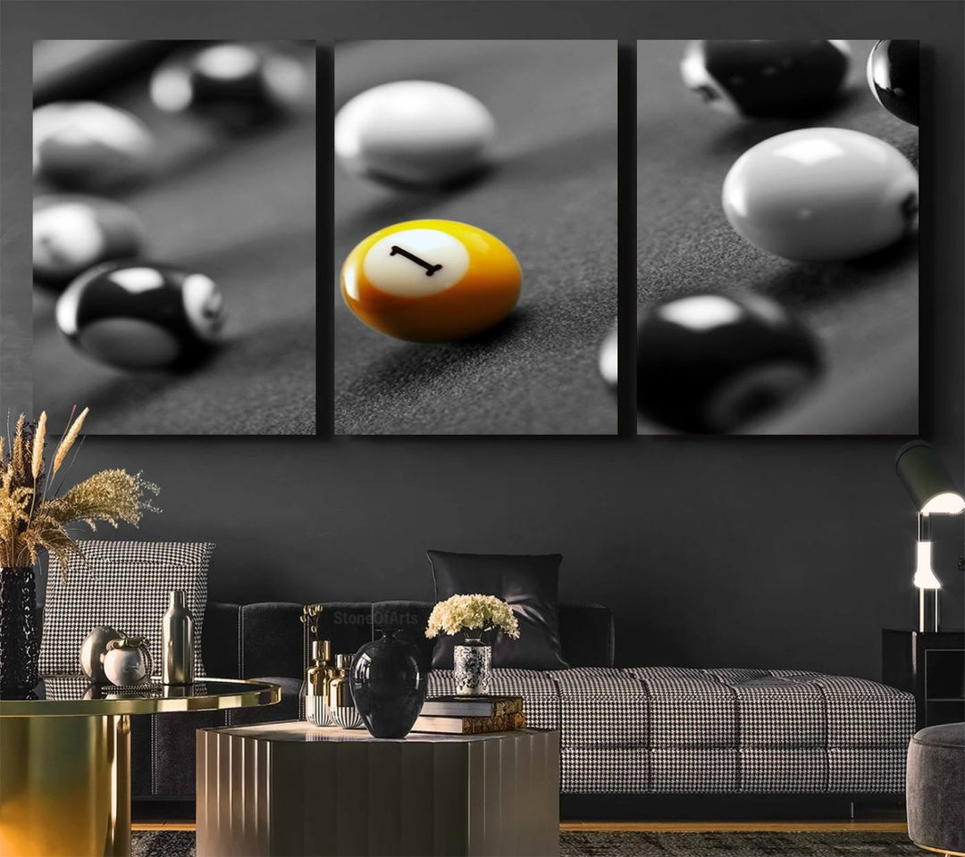 The Black and White Concept Billiard Balls Canvas Print elevates the space with museum-quality charm.