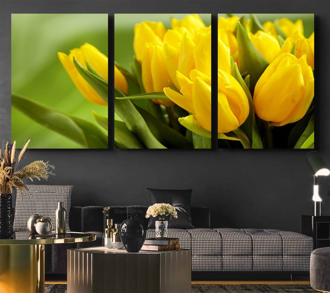 The Wall Art Yellow Tulips Canvas Print on a green background is featured.