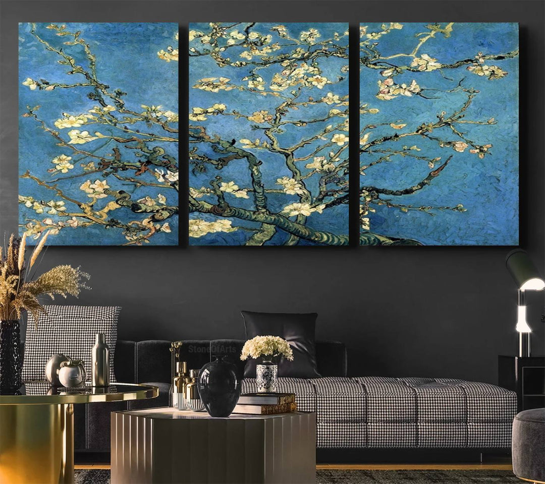 A Van Goghs Almond Blossom canvas print adds a touch of elegance to the wall.