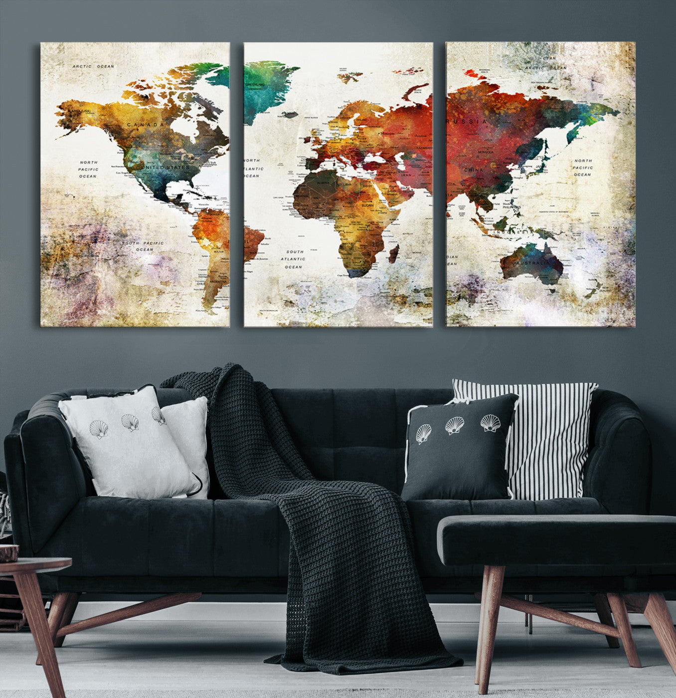 92207-MGV-CV-60X30-3P-Watercolor World Map Canvas Print – Framed Push Pin Wall Art for Couples, Artistic Travel Map for Modern Home and Office Decor
