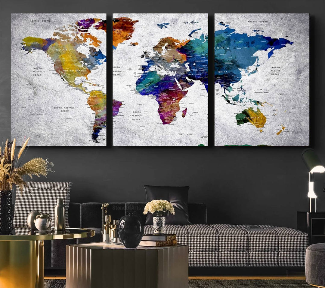 The World Map Art Canvas Print, featuring country names on a grunge-stained gray background, is perfect for stylish home decor.