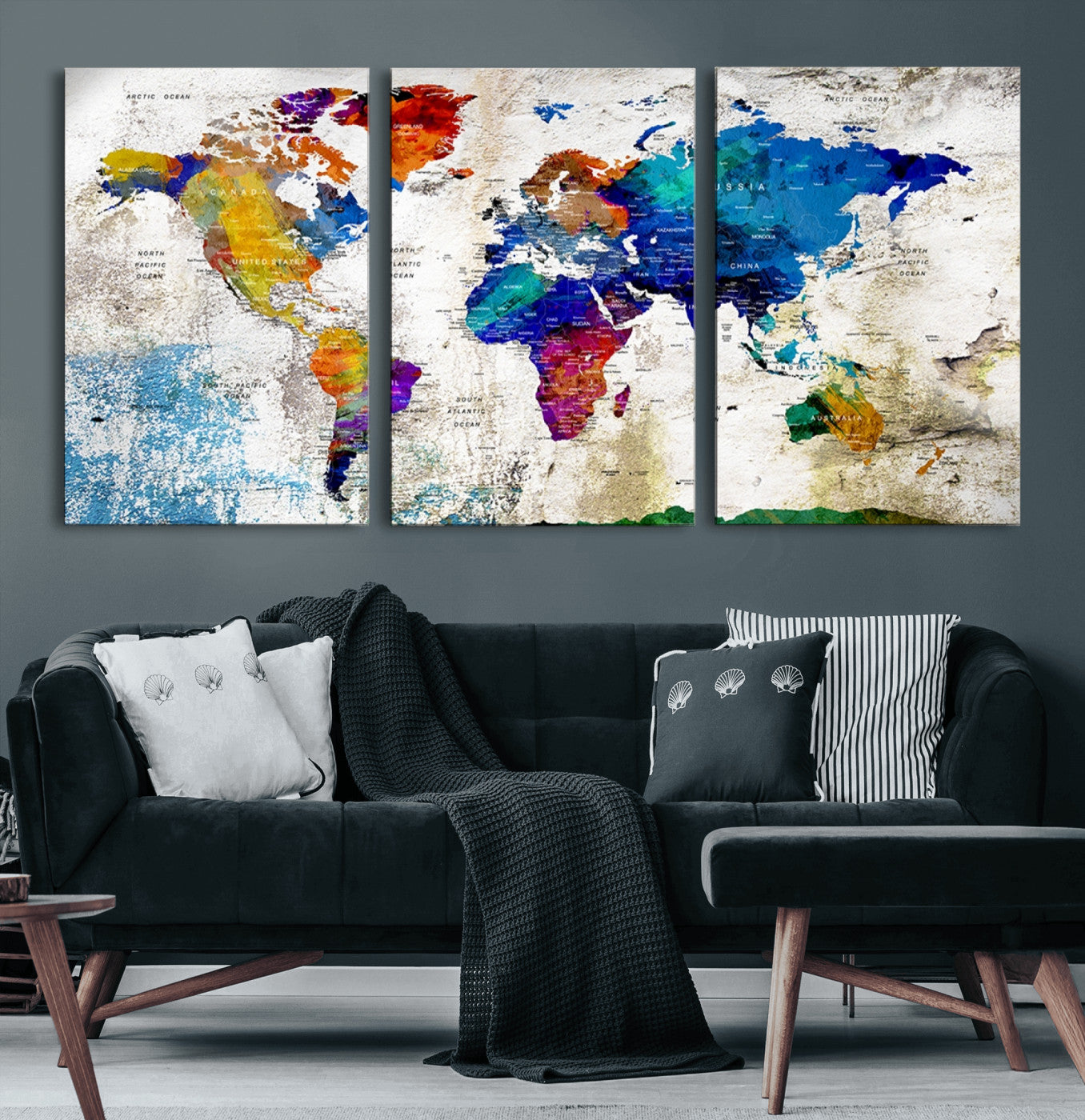 86271-MGV-CV-60X30-3P-Push Pin World Map Canvas Print – Framed Travel Map Wall Art for Couples, Anniversary Gift, Modern Home or Office Decor