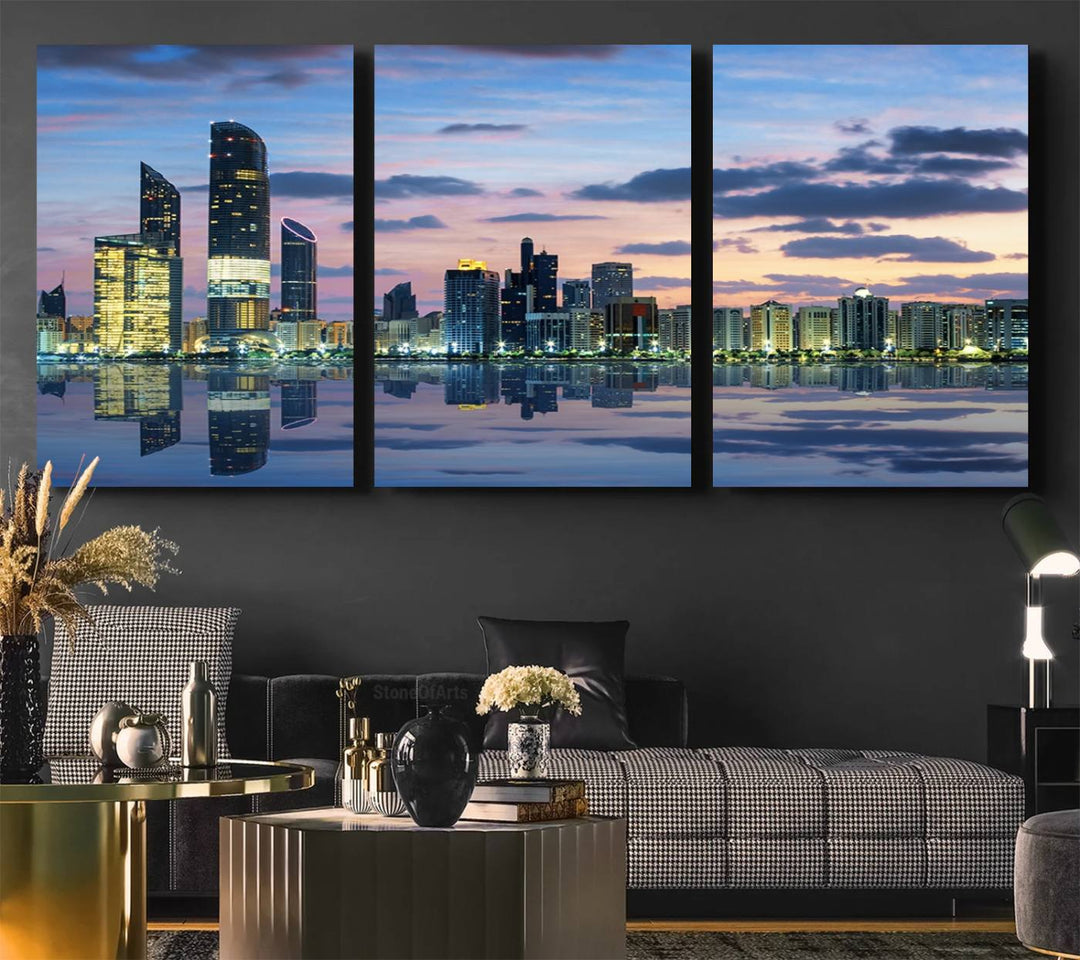 A gallery-quality wall art canvas print captures the Dubai city skyline with skyscrapers reflected in water at sunset.