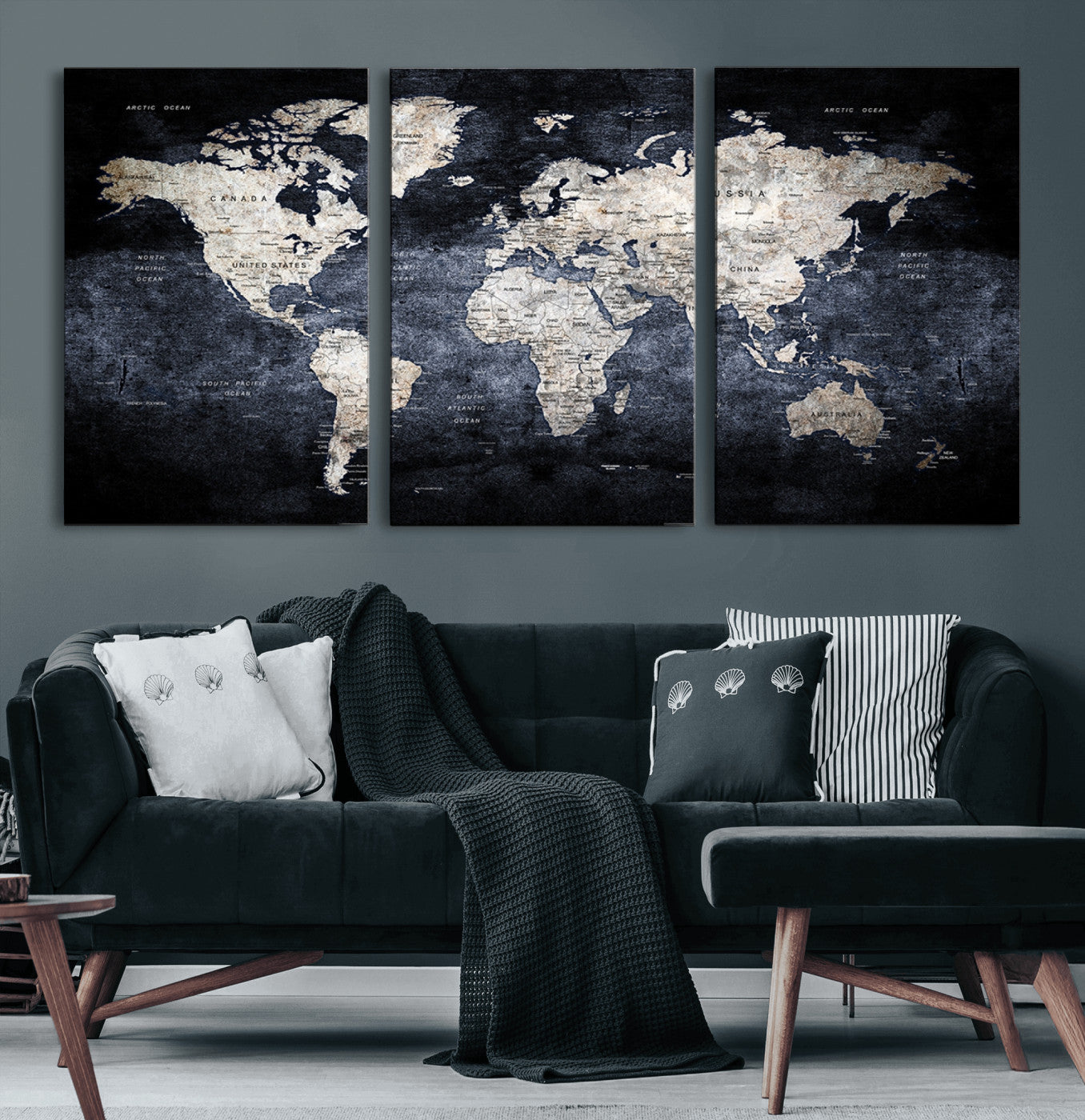 82598-MGV-CV-60X30-3P-Modern Dark World Map Canvas Print – Framed Push Pin Wall Art, Elegant Travel Map Decoration for Home Office or Living Room Decor