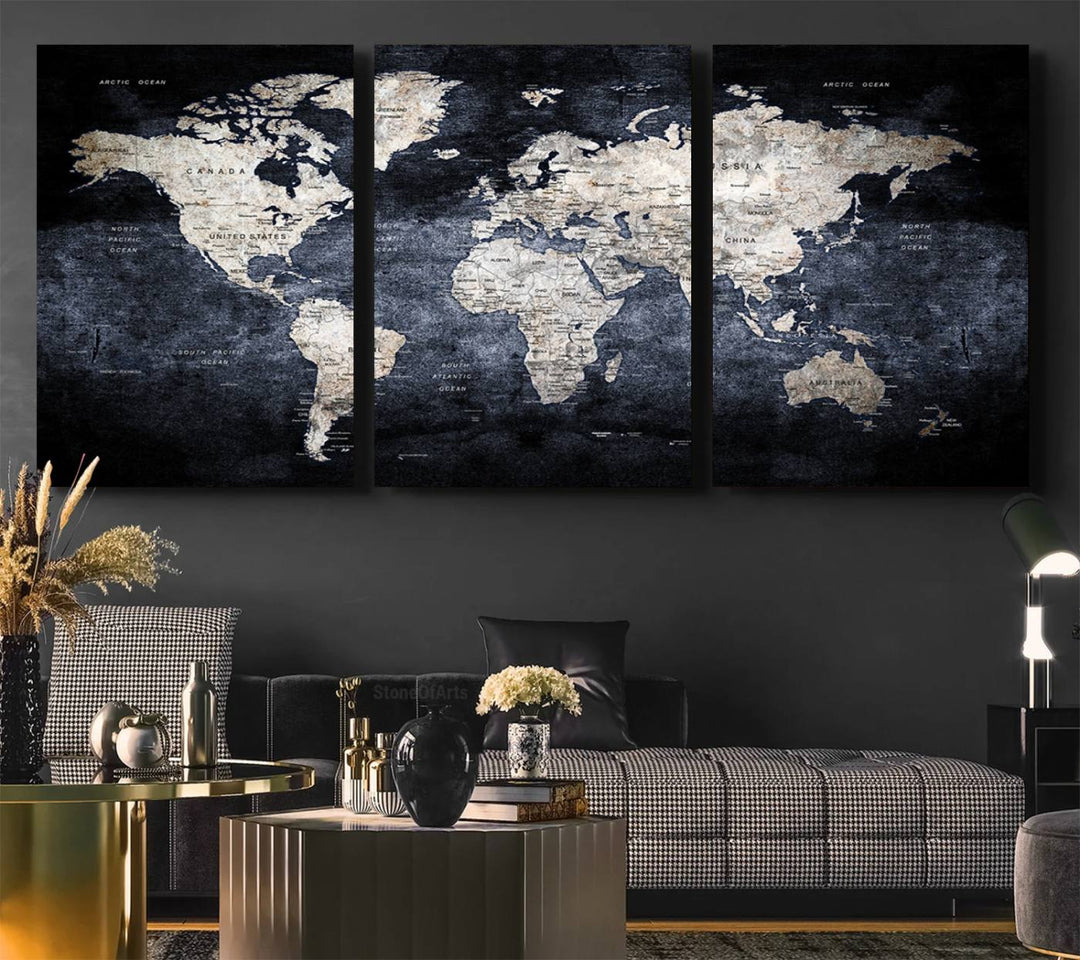 Rustic Black and Bronze World Map Canvas Triptych features white continents on a grunge-stained background.