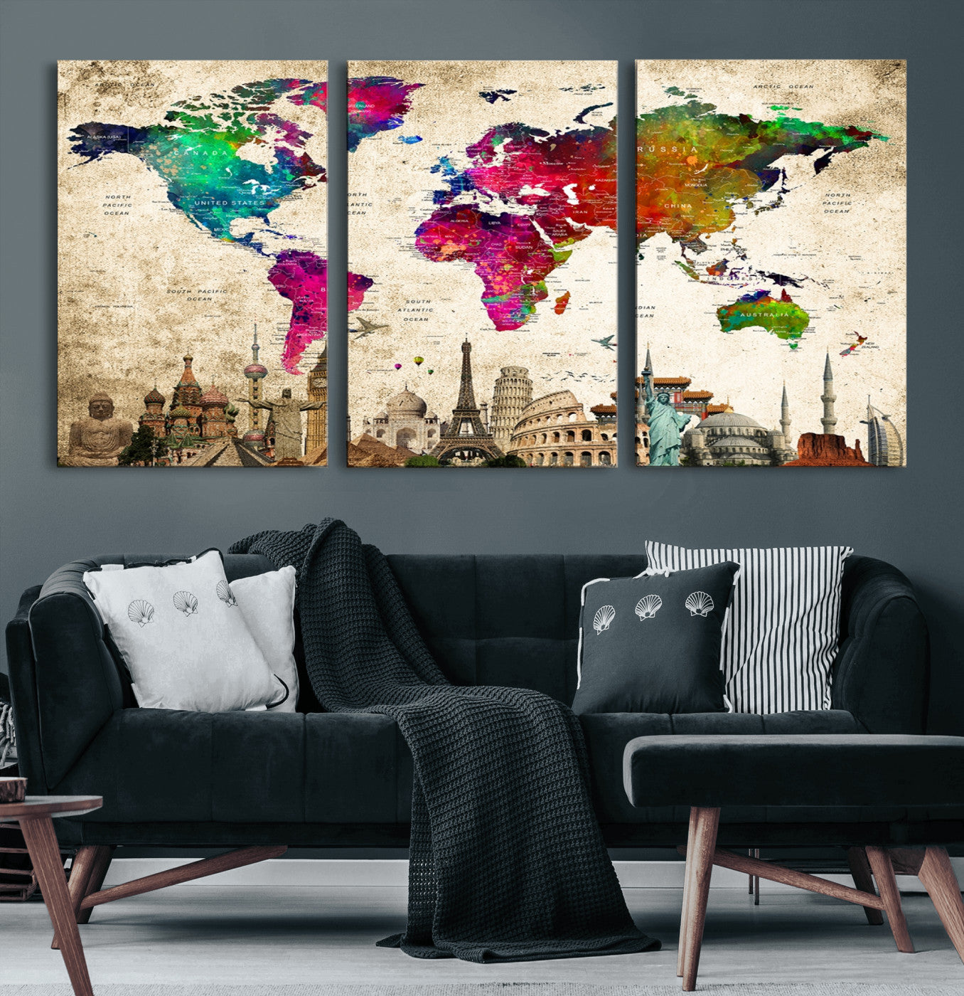 MGV-CV-60X30-3P - Push Pin World Map Canvas Print – Framed Wall Art for Couples to Track Their Travels – Anniversary