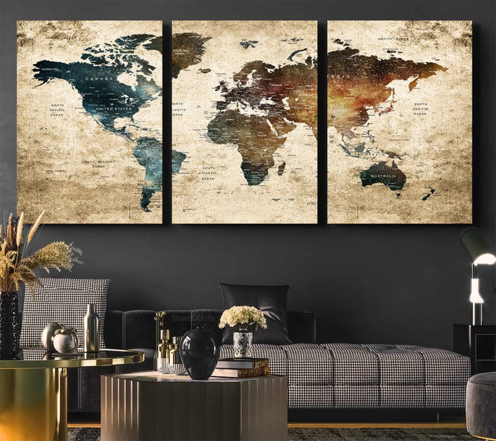 Vintage World Map Canvas Wall Art, perfect for antique-style decor, displayed against a light wood wall.