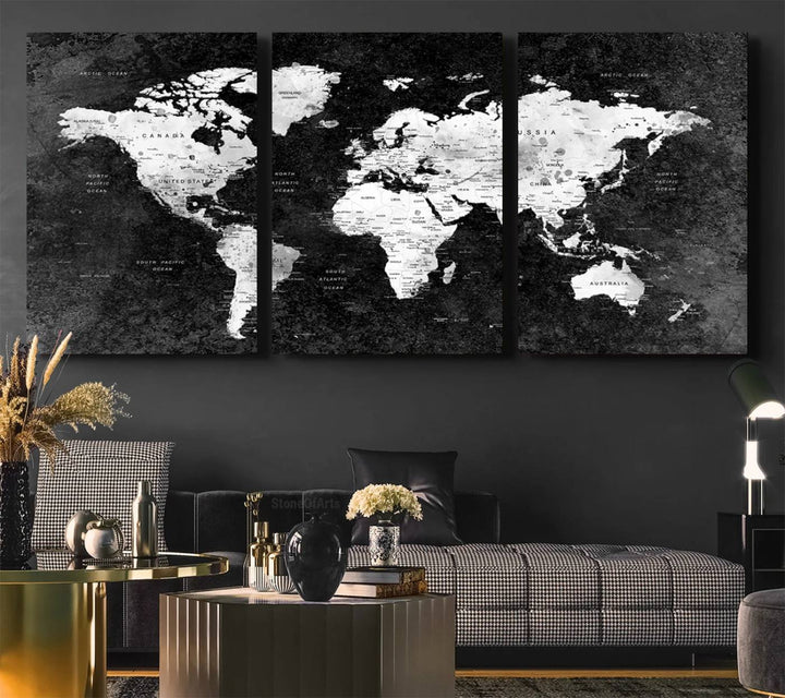 The dining room features a Modern Grayscale World Map 3-Panel Canvas Art as its focal point.