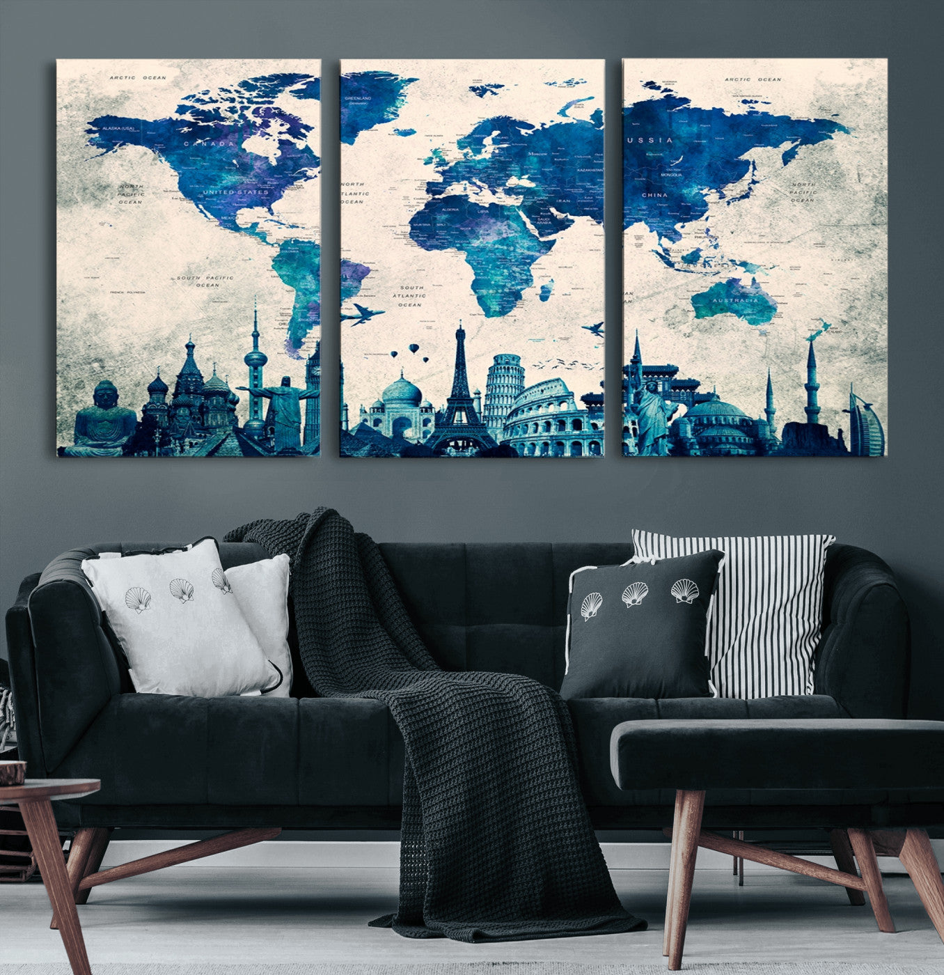 13588-MGV-CV-36X24-Navy Blue World Map Canvas Print – Framed Push Pin Travel Map Wall Art, Elegant Adventure Decor for Home or Office