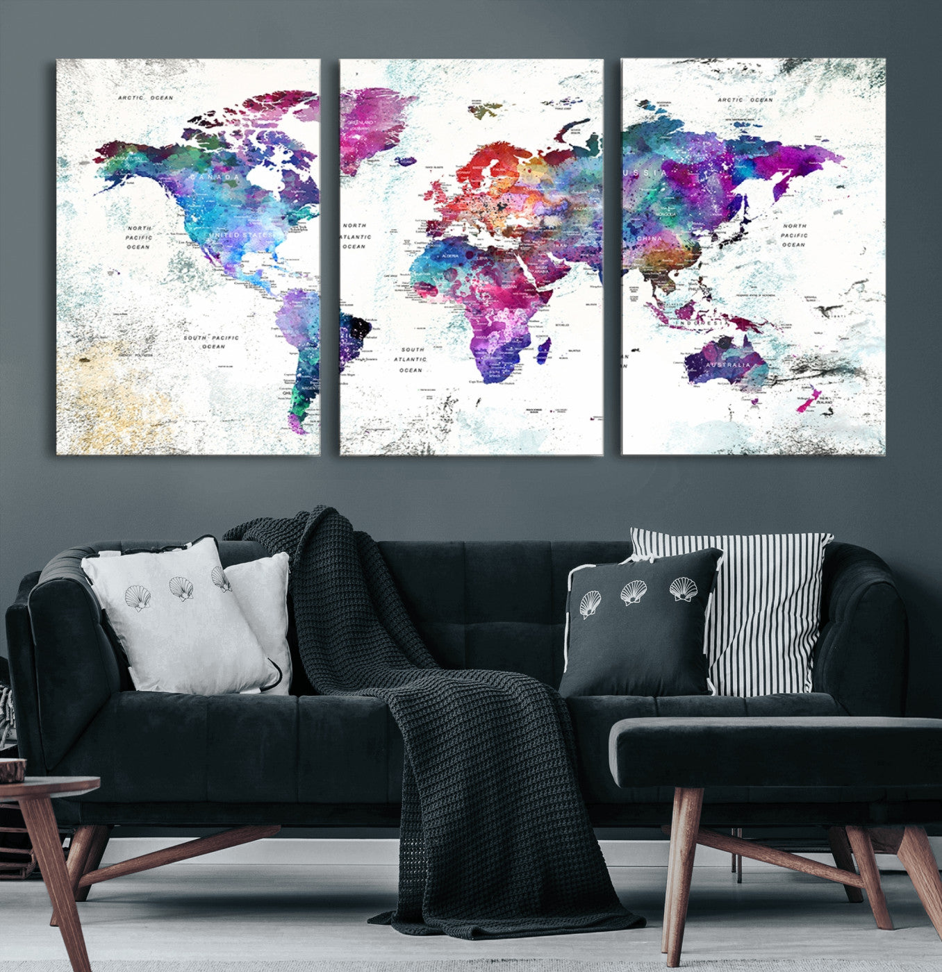 73735-MGV-CV-60X30-3P-Push Pin World Map Canvas Print – Framed Travel Map Wall Art for Couples, Anniversary Gift, Modern Home or Office Decor