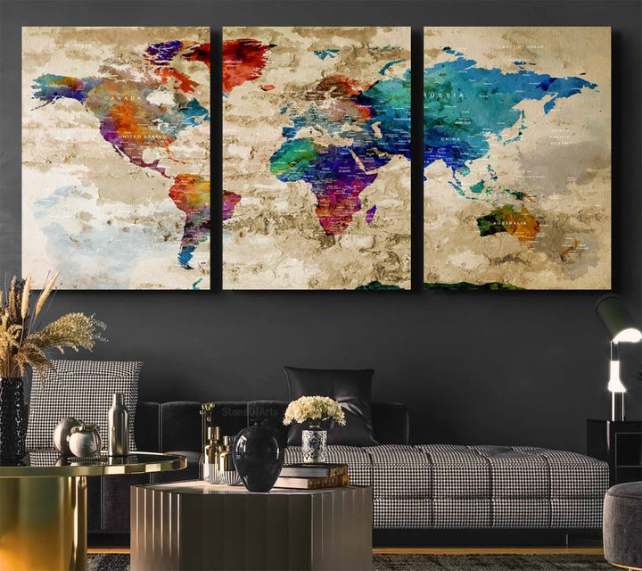 An Abstract Large Watercolor World Map Canvas Print hangs prominently.