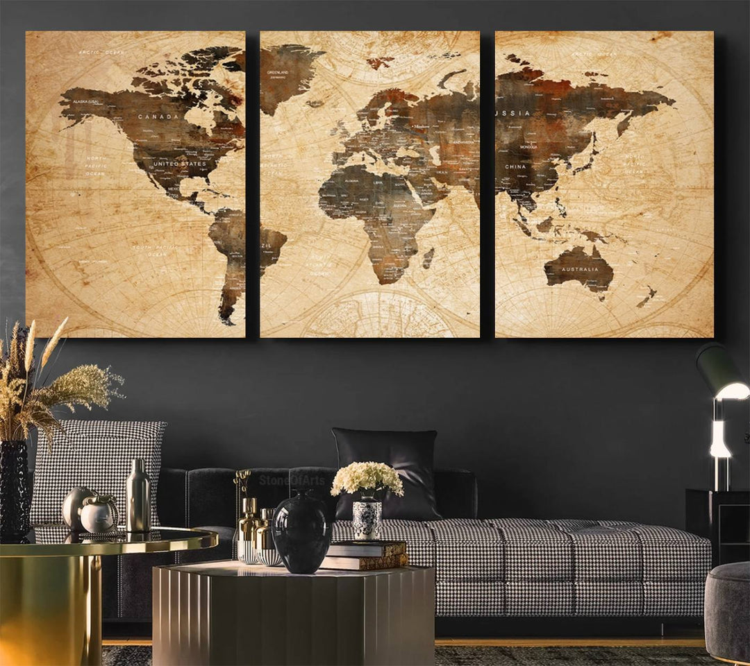 Vintage World Map: 3-Panel Canvas Print in antique rustic style. Framed and gallery wrapped. Ideal for decor.