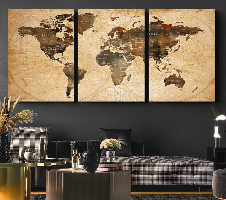 Vintage World Map: 3-Panel Canvas Print in antique rustic style. Framed and gallery wrapped. Ideal for decor.