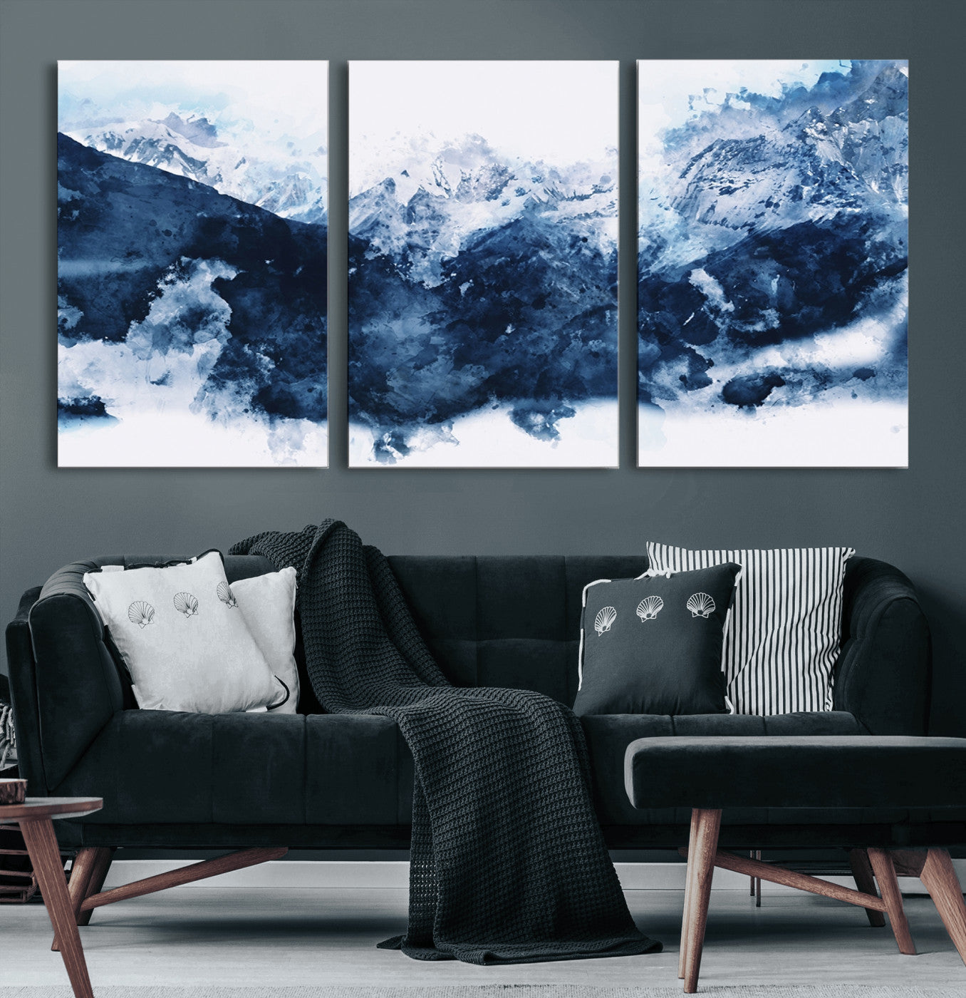 81700-MGV-CV-60X30-3P-Abstract Blue Mountain Canvas Wall Art – Modern Triptych Landscape Print – Contemporary Nature Decor for Living Room or Office – Ready to