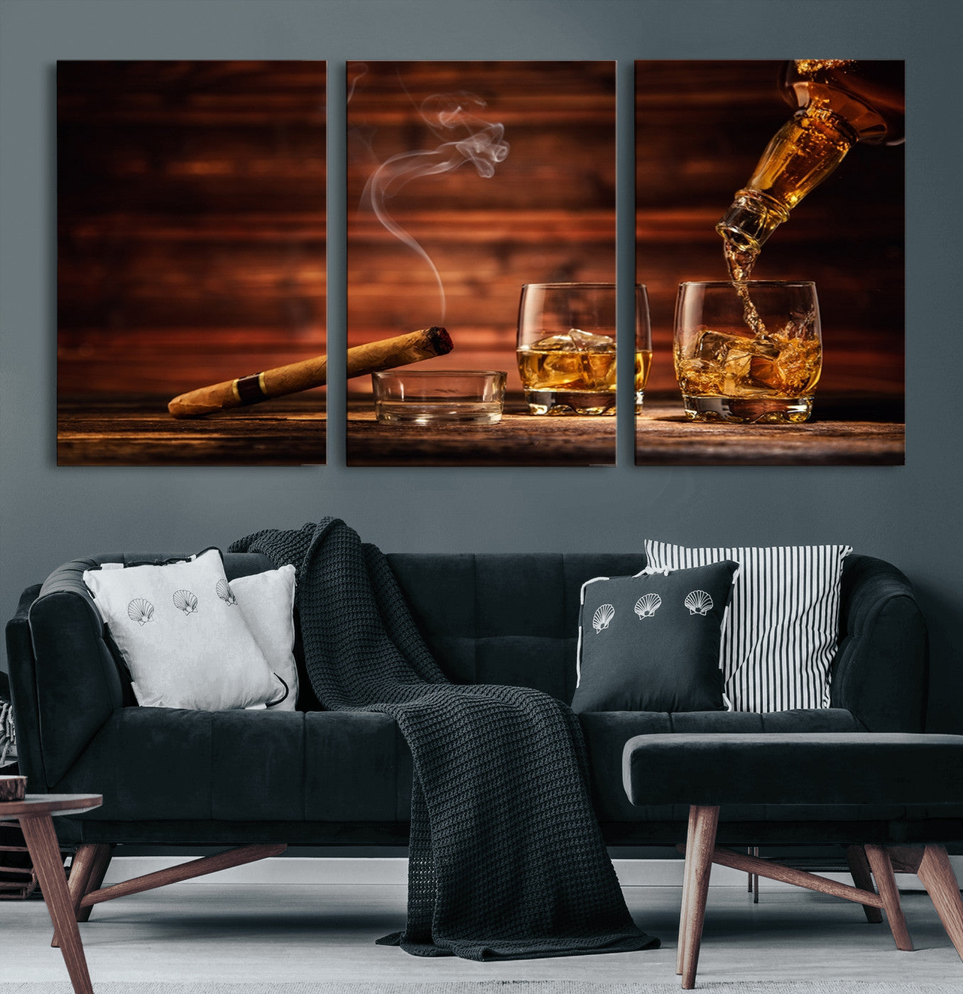 MGV-CV-60X30-3P - Whiskey and Cigar Wall Art Canvas | 3 Panel Bar Room Decor for Home Lounge, Office, or Man Cave |