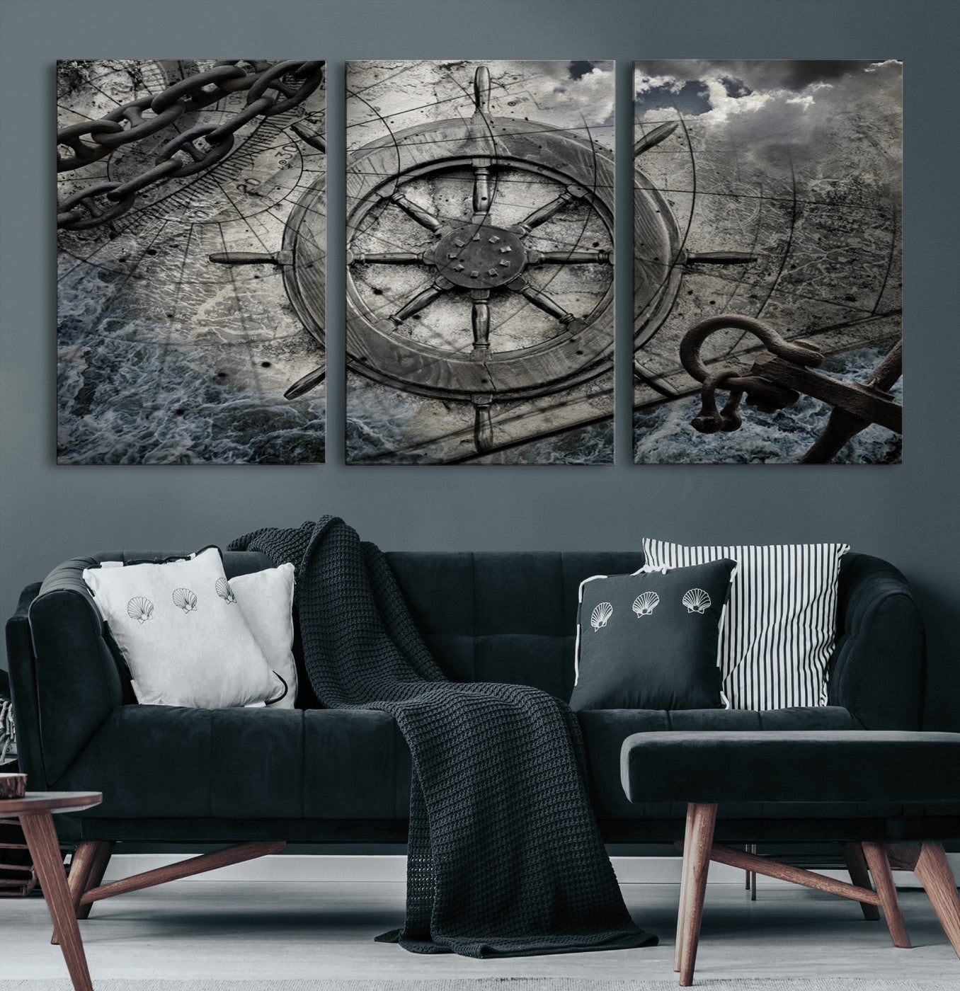 36770-MGV-CV-60X30-3P-Ship Steering Wheel Vintage Wall Art Canvas Print
