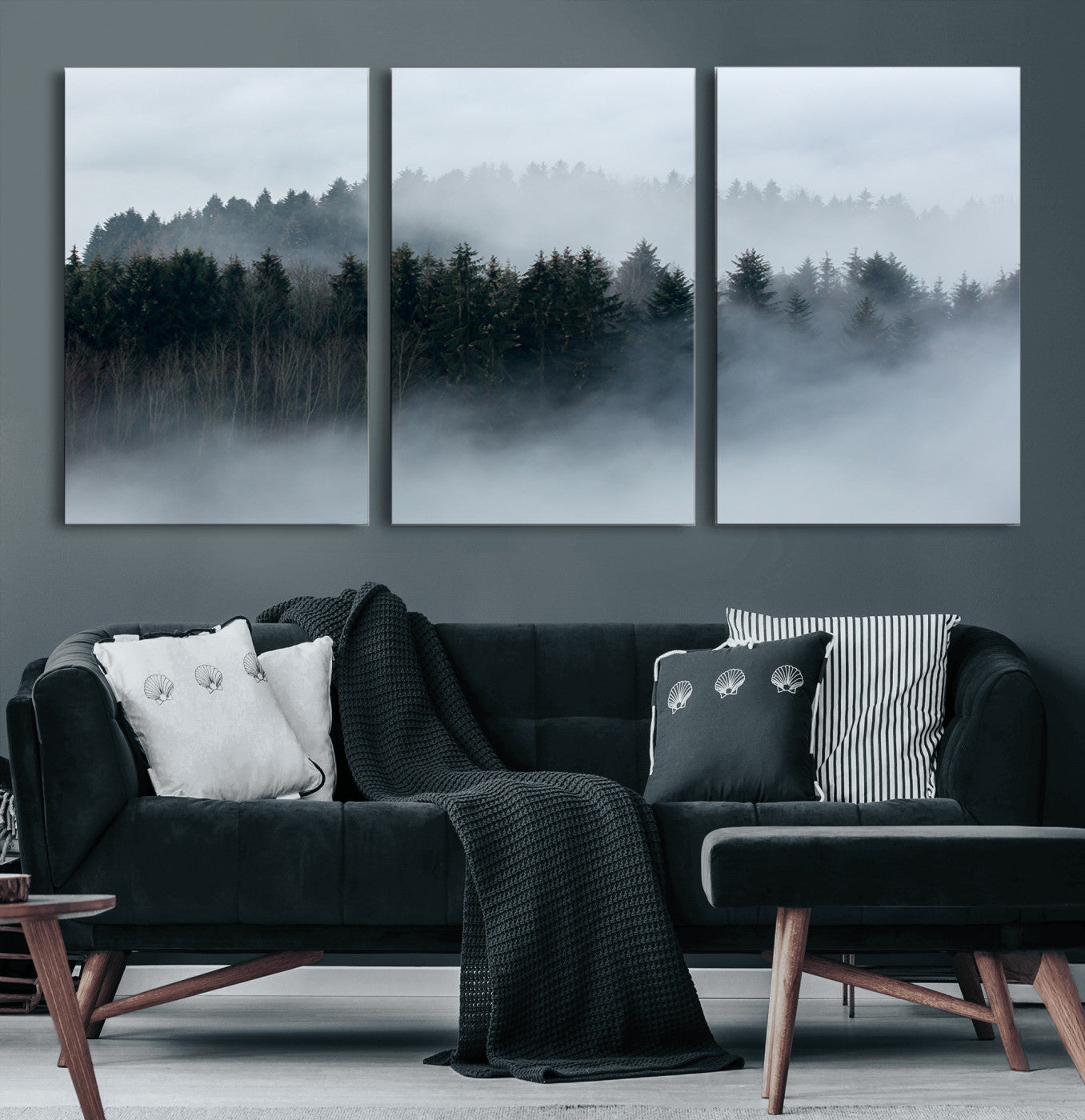 42596-MGV-CV-60X30-3P-Autumn and Misty Trees in the Forest Wall Art Canvas Print, Foggy Forest Mountain Wall Art Canvas