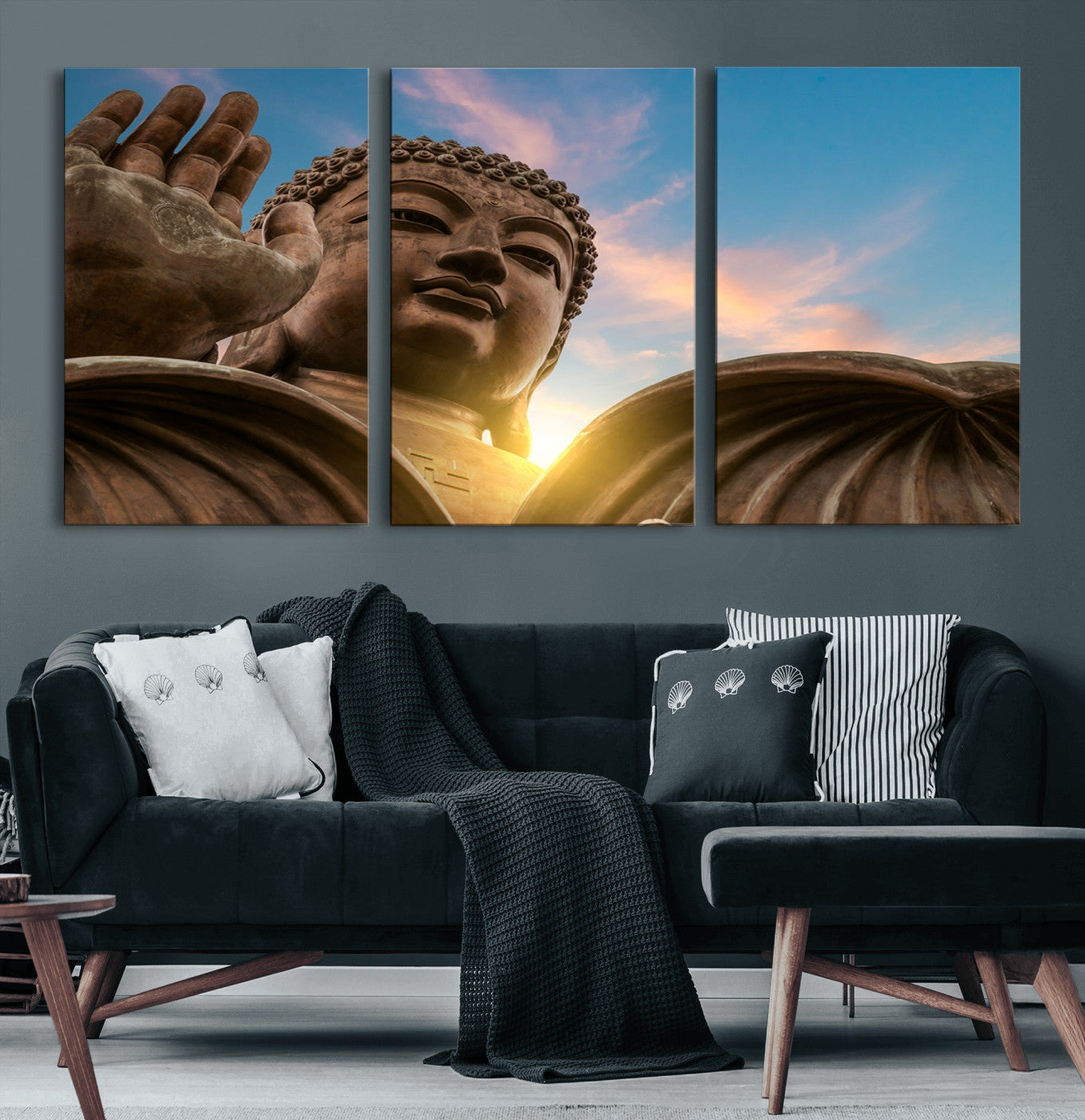 94703-MGV-CV-60X30-3P-Buddha Statue and Daylight Wall Art, Buddha Statue Wall Art Canvas Print