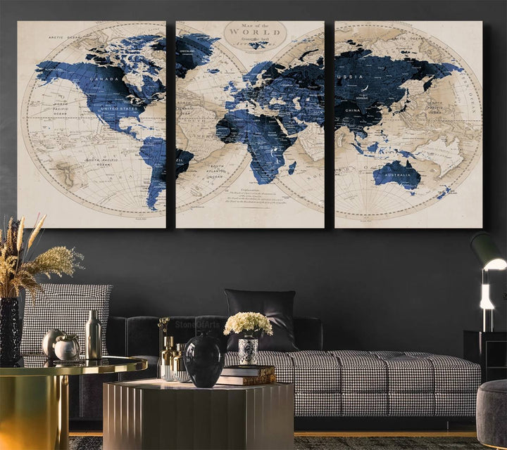The Vintage Triptych Map Print is a grunge-stained blue and beige world map, perfect for enhancing wall decor.