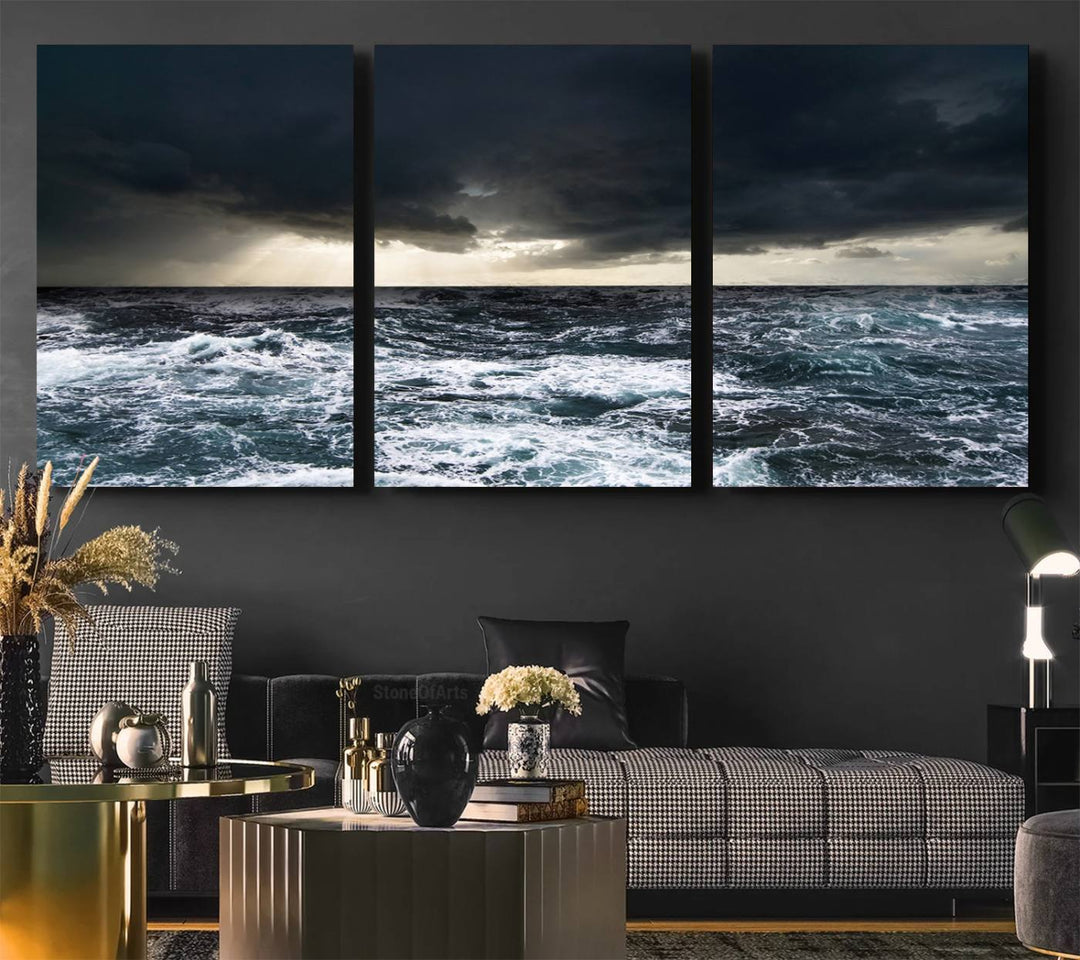 A Dark Clouds Stormy Sea canvas print, ready to hang, enhances the room.