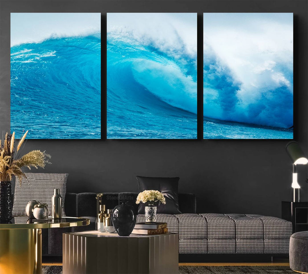 A museum-quality canvas depicting a vibrant blue ocean wave with white foam under a clear sky.