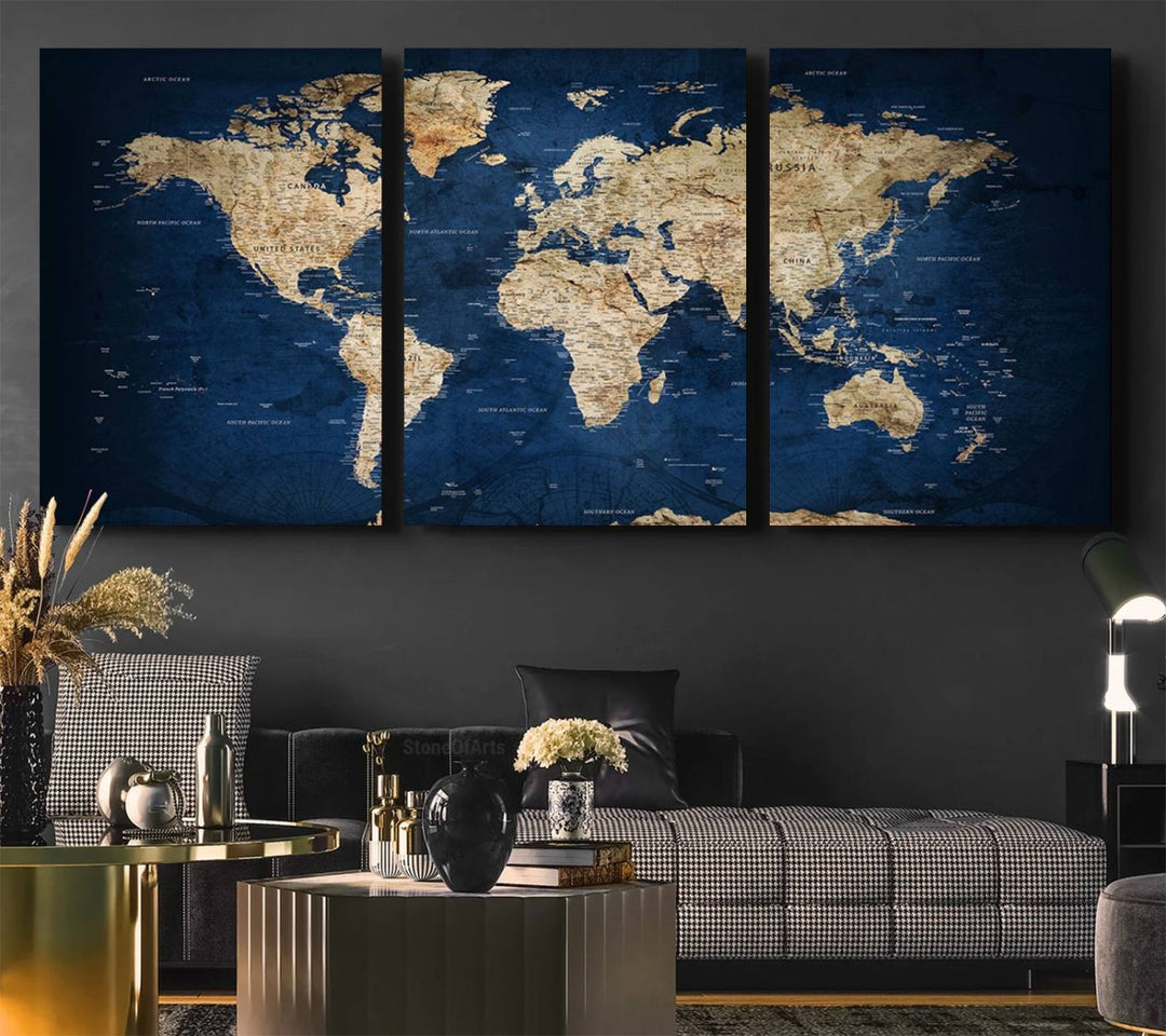 Classic Vintage Blue World Map Canvas Print featuring beige continents against a deep blue background.