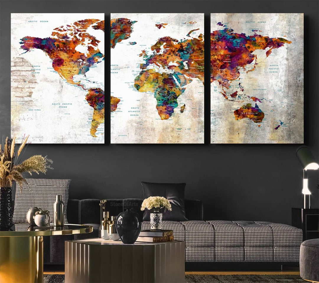 A vibrant Grunge Map Canvas Wall Art Set (3 Panels) for home or office decor, perfect for travel enthusiasts.