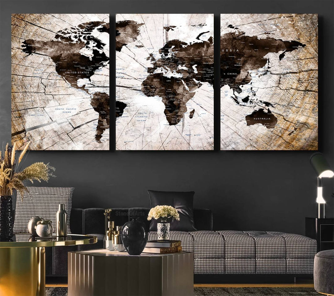 The Tree Ring World Map Canvas hangs above the table, blending into the nature-inspired setting.