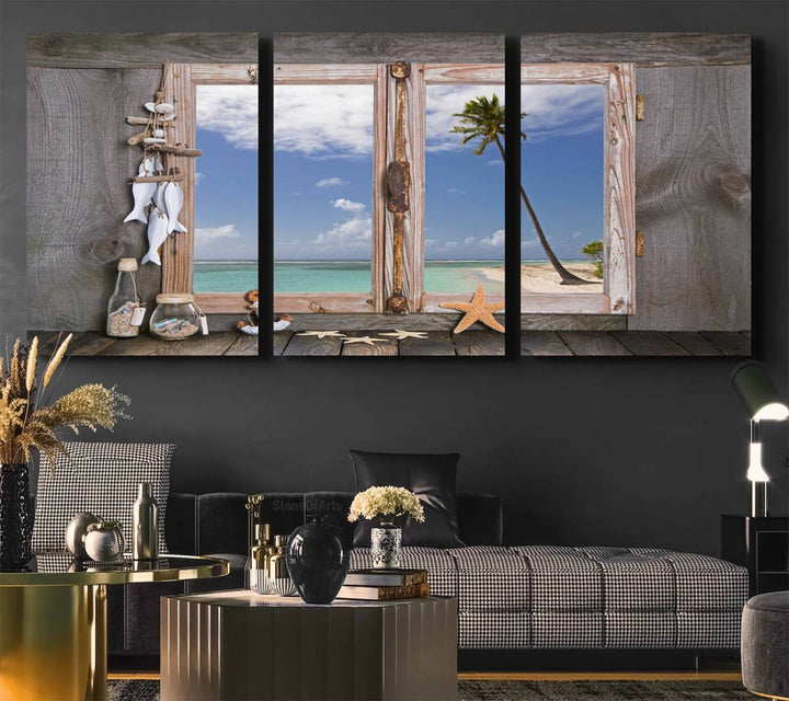 The Window Wall Art Relaxing Beach features seashells and a rustic window frame.