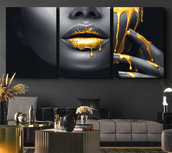 The Gold Lips and Black Woman Makeup Canvas Print features a chic monochrome face design, making it ideal for a modern dining room.