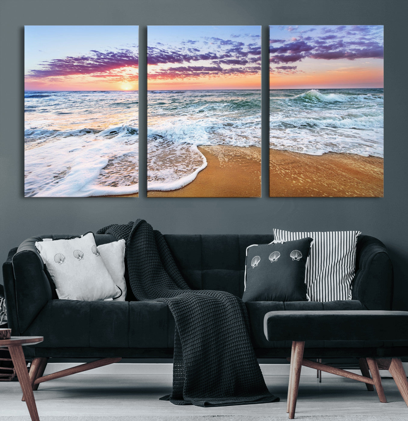 MGV-CV-60X30-3P - Coastal Sunset Art Beach Canvas Wall Art Print | Ocean Waves Wall Art | Large 3-Panel Seascape for
